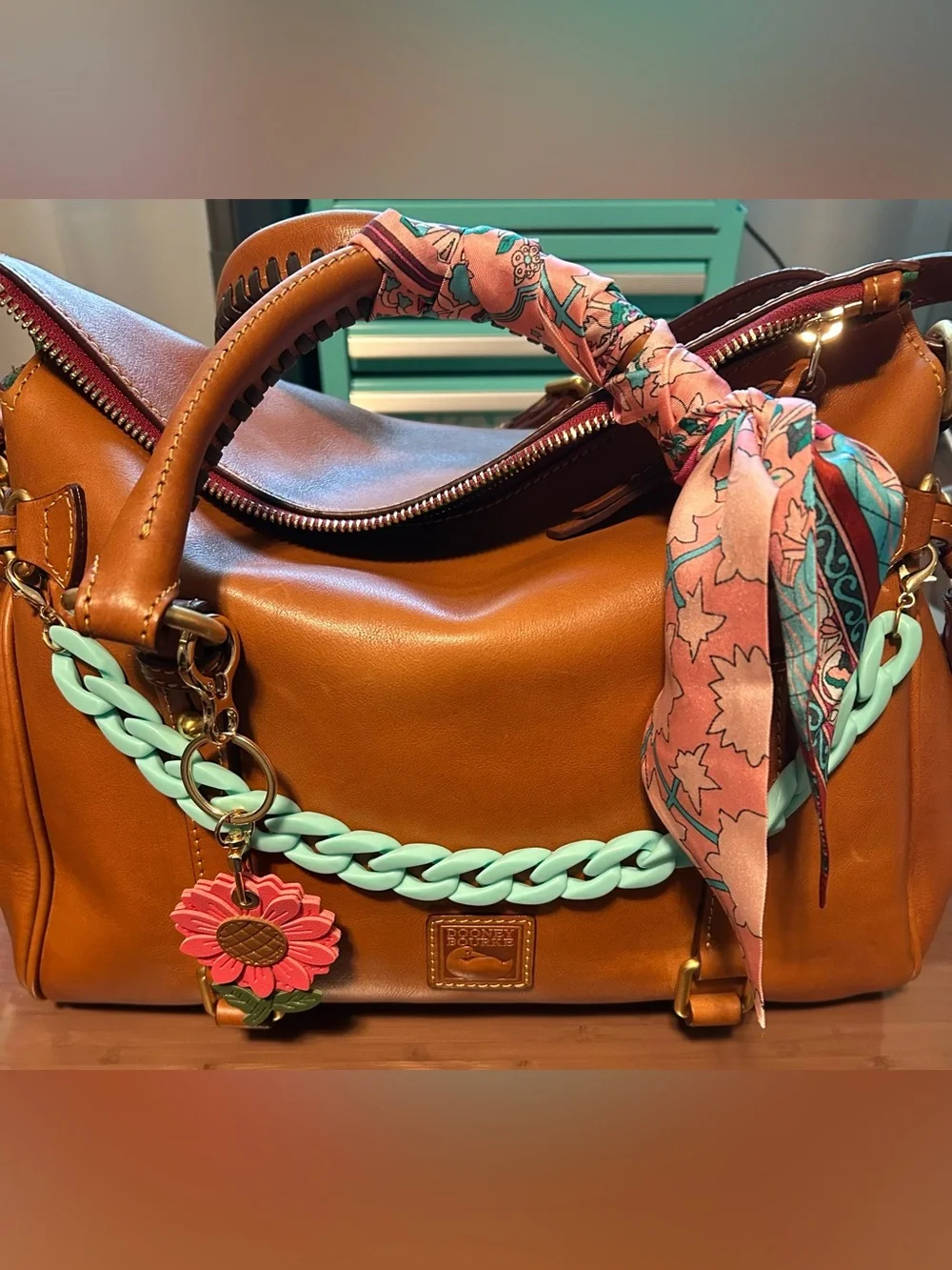Pink and Turquoise Silk Twilly, Acrylic Bag Chain, and Leather Charm Bundle